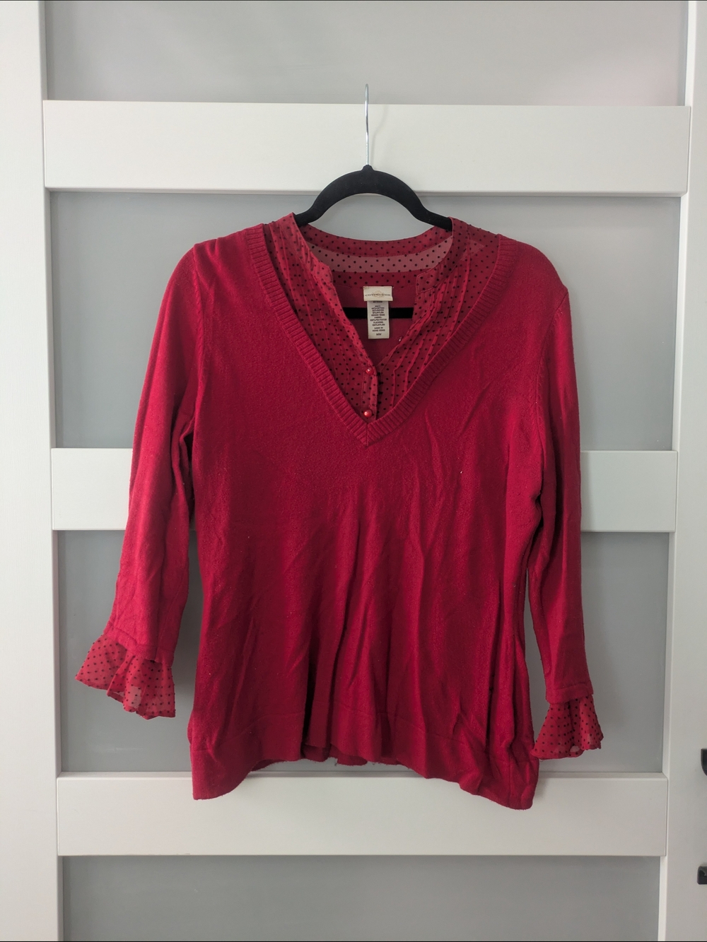 Covington Red V-Neck Long Sleeve Top with Polka Dot Mesh Trim
